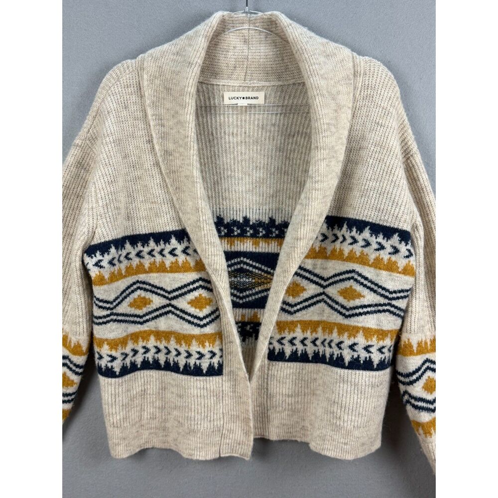 Lucky Brand Fair Isle Open Cardigan Women S Oatmeal Navy Mustard Wool Blend